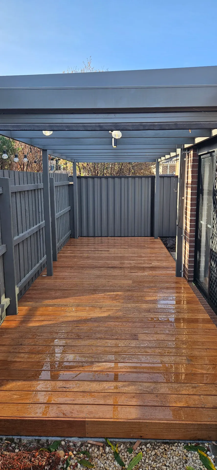 Merbau side pergola with festoon lights