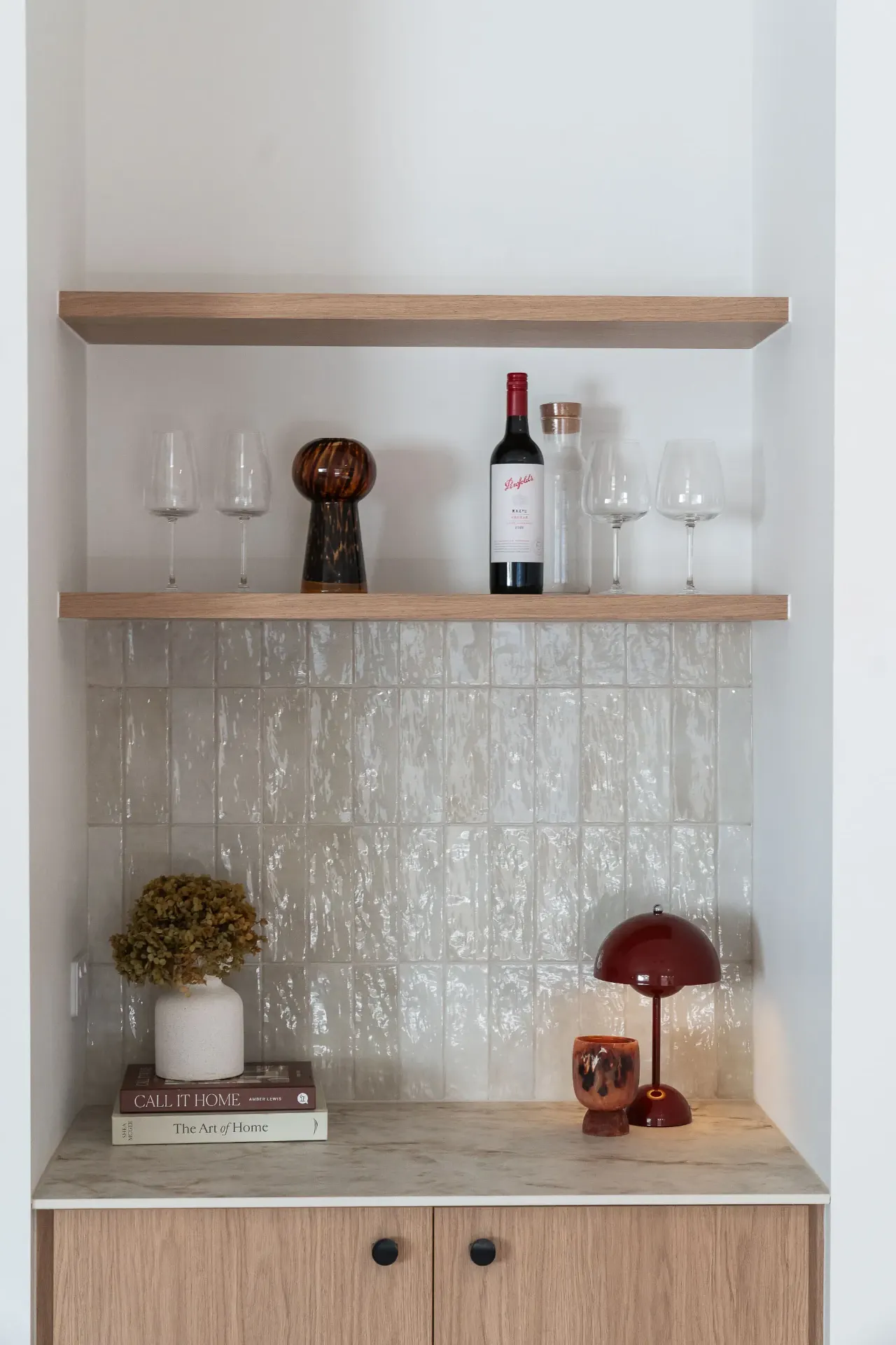 Bar nook with zellige tile splashback and oak shelving